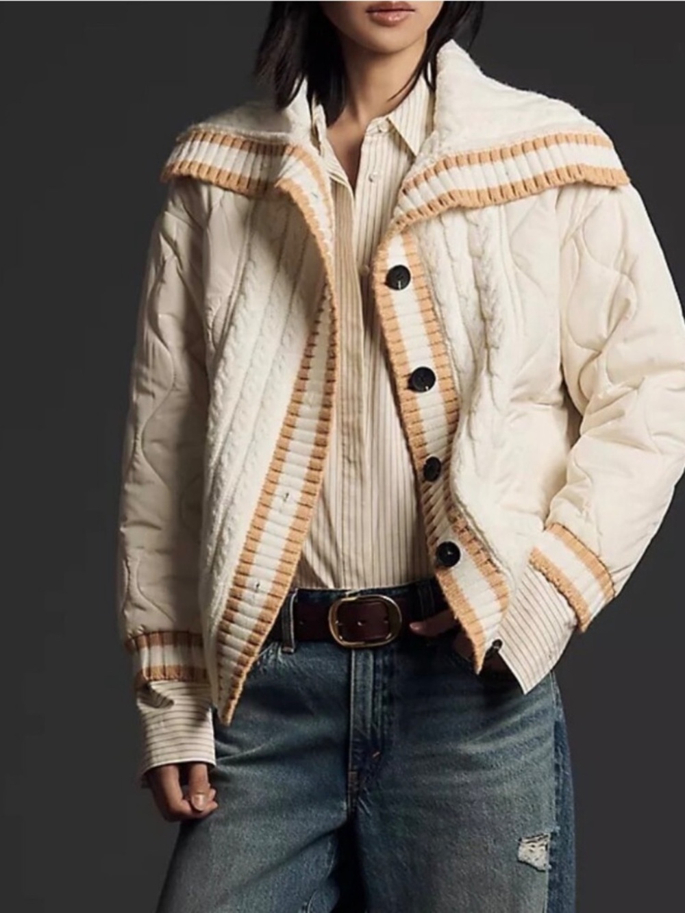 Cream Quilted Jacket with Tan Trim